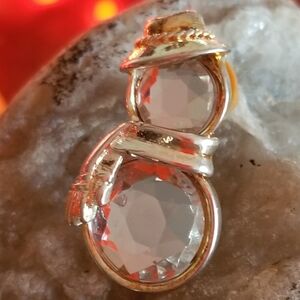 Vintage Gemstone Snowman Pin Clear White Sparkling Body Top Hat & Scarf Brooch
